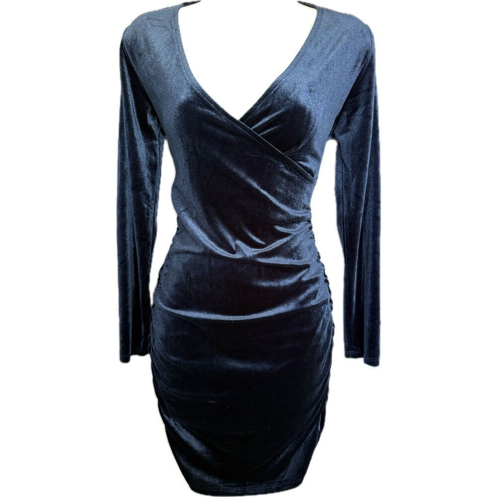 Ambiance Sexy Velvet Wrap Bodycon Dress Long Sleeve V Neck Ruched Women’s M